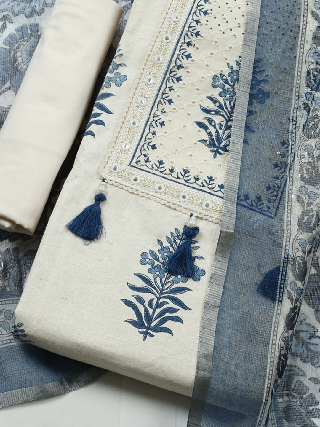 Printed Cotton Blend Unstitched Suit With Pant Dupatta