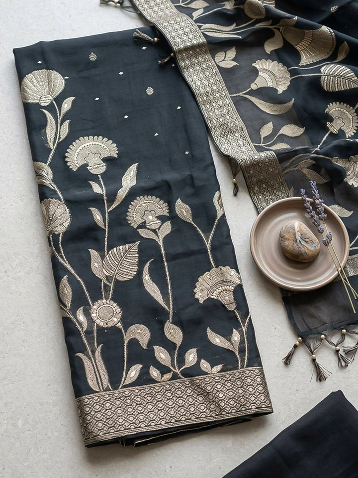 Embroidered Chanderi Unstitched Suit With Pant &amp; Dupatta