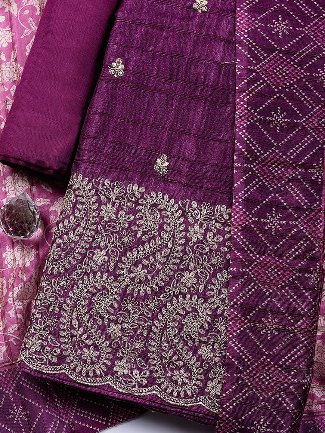 Embroidered Tussar Silk Unstitched Suit With Pant &amp; Dupatta