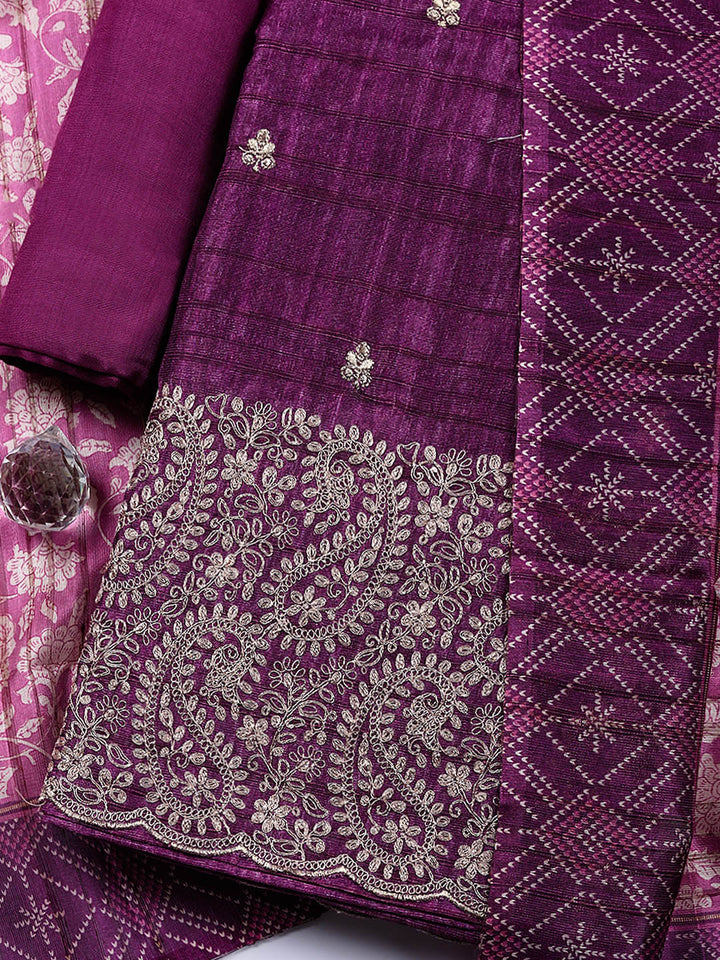 Embroidered Tussar Silk Unstitched Suit With Pant &amp; Dupatta