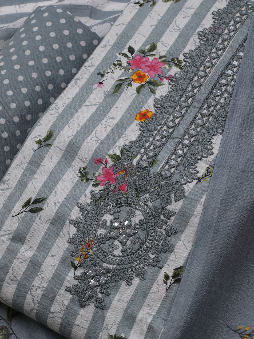 Patch Neck Cotton Blend Unstitched Suit With Dupatta