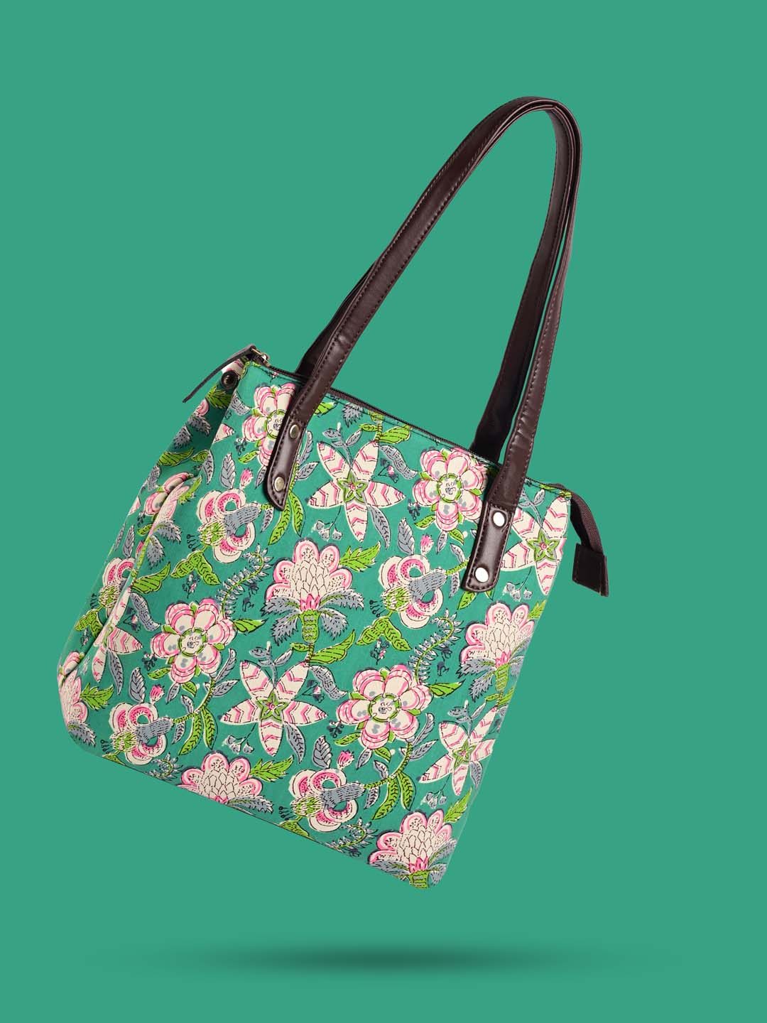 Floral Printed Cotton Handbag With Clutch