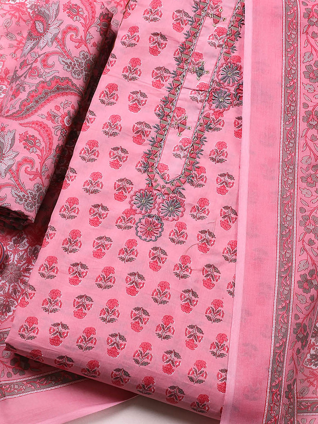 Embellished Cotton Blend Unstitched Suit With Pant &amp; Dupatta