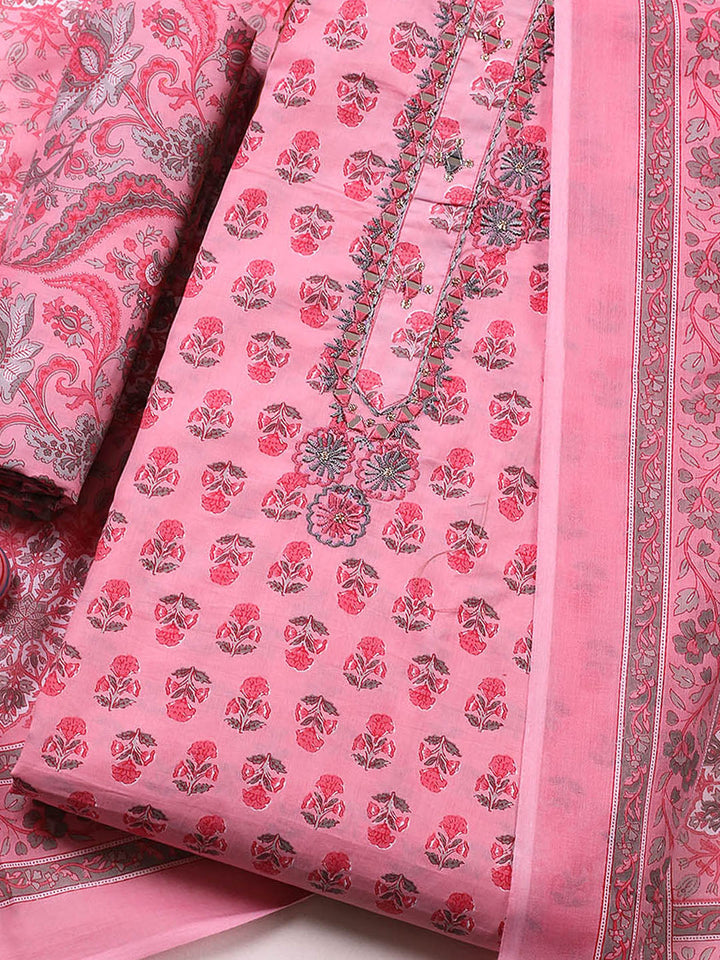 Embellished Cotton Blend Unstitched Suit With Pant &amp; Dupatta
