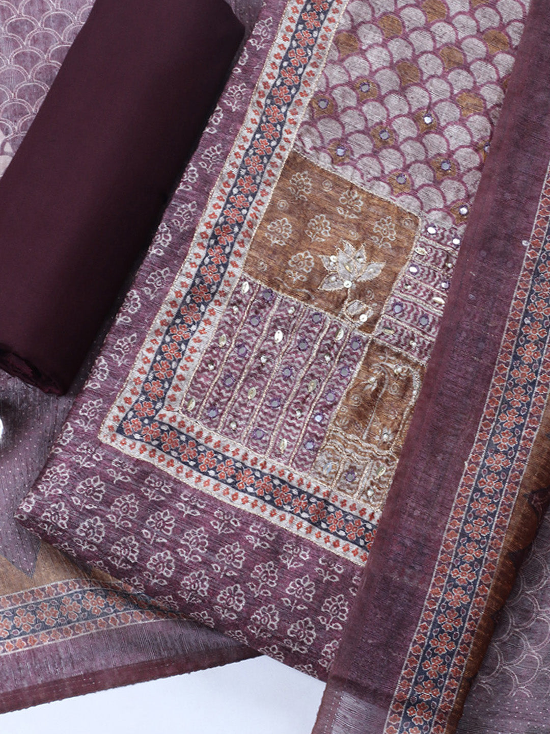 Embroidered Chanderi Unstitched Suit With Pant &amp; Dupatta