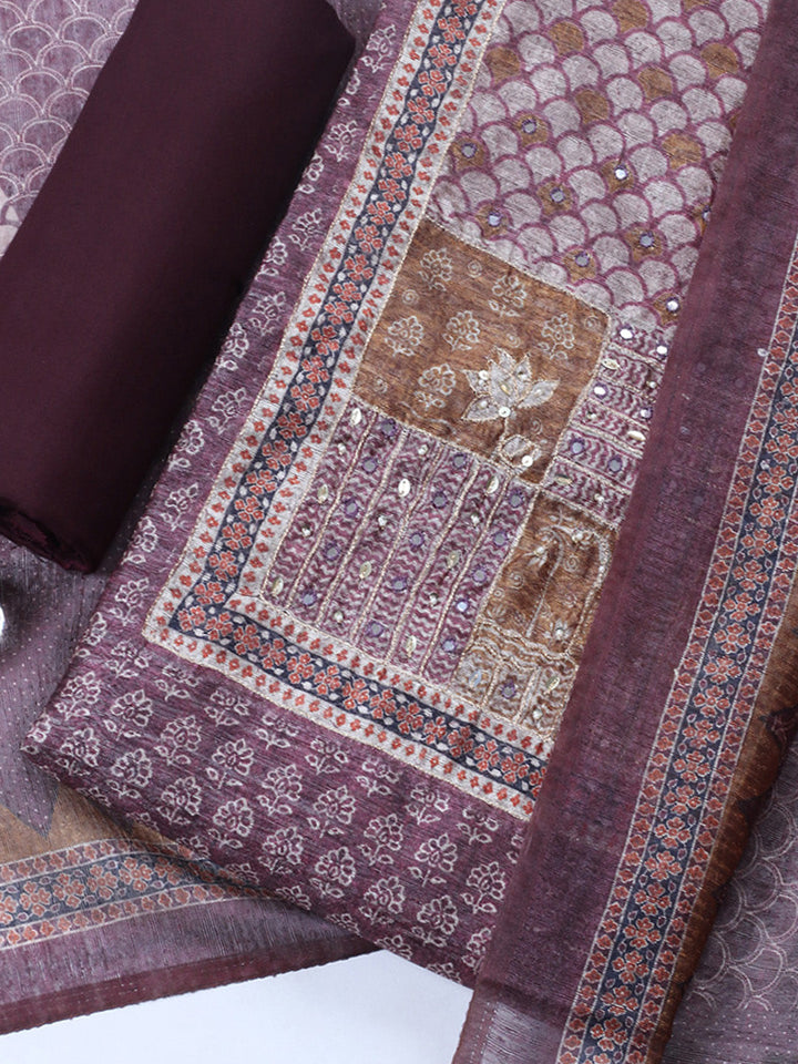 Embroidered Chanderi Unstitched Suit With Pant &amp; Dupatta
