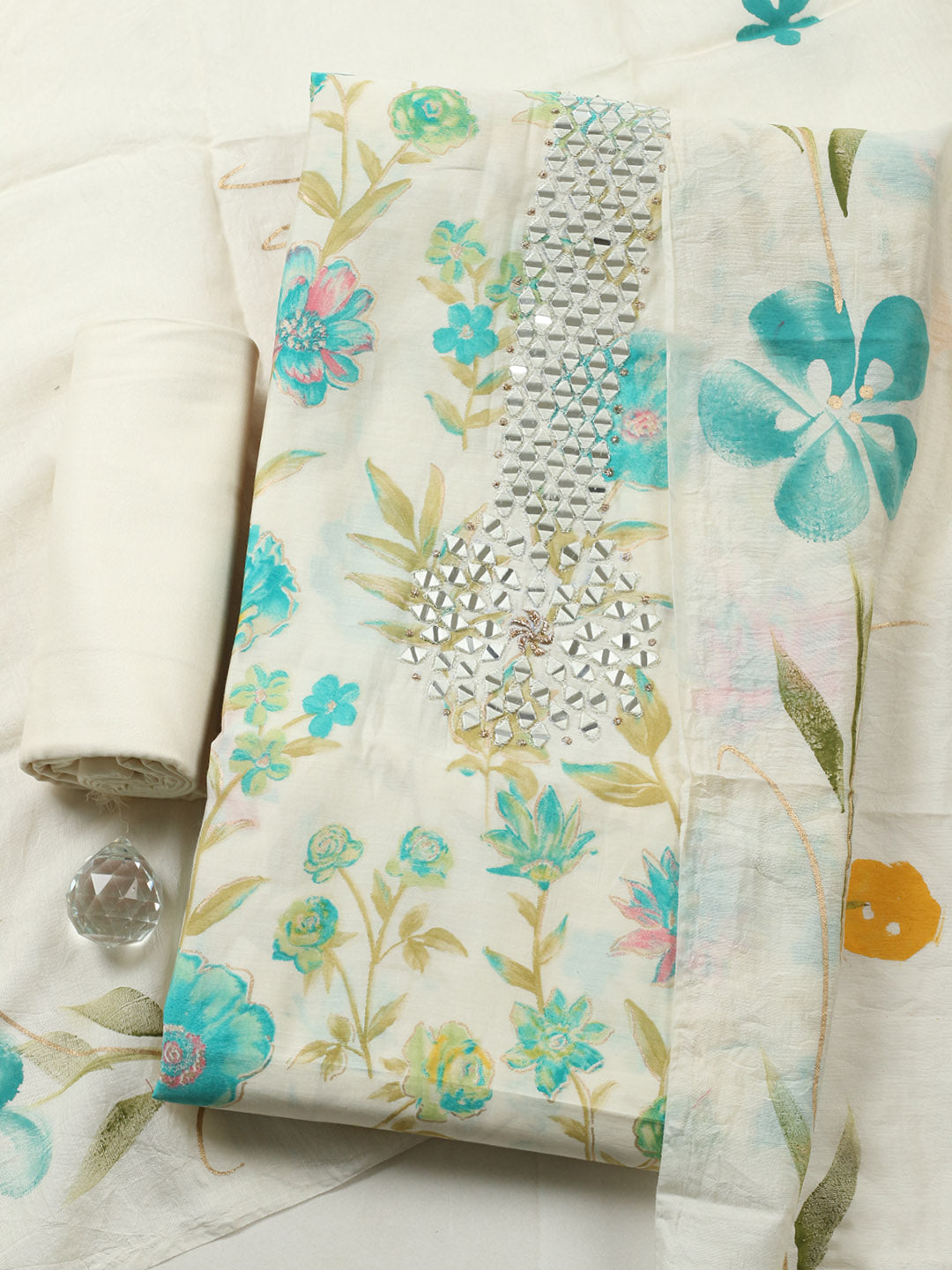 Embroidered Cotton Blend Unstitched Suit With Pant &amp; Dupatta