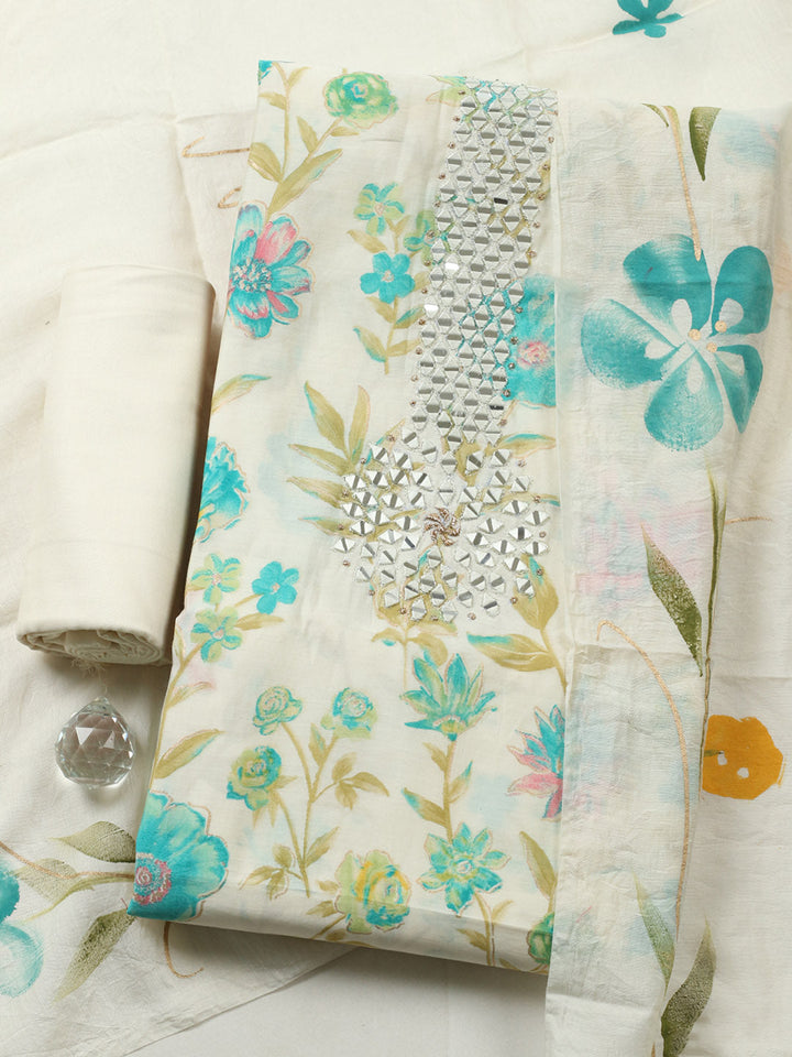 Embroidered Cotton Blend Unstitched Suit With Pant &amp; Dupatta