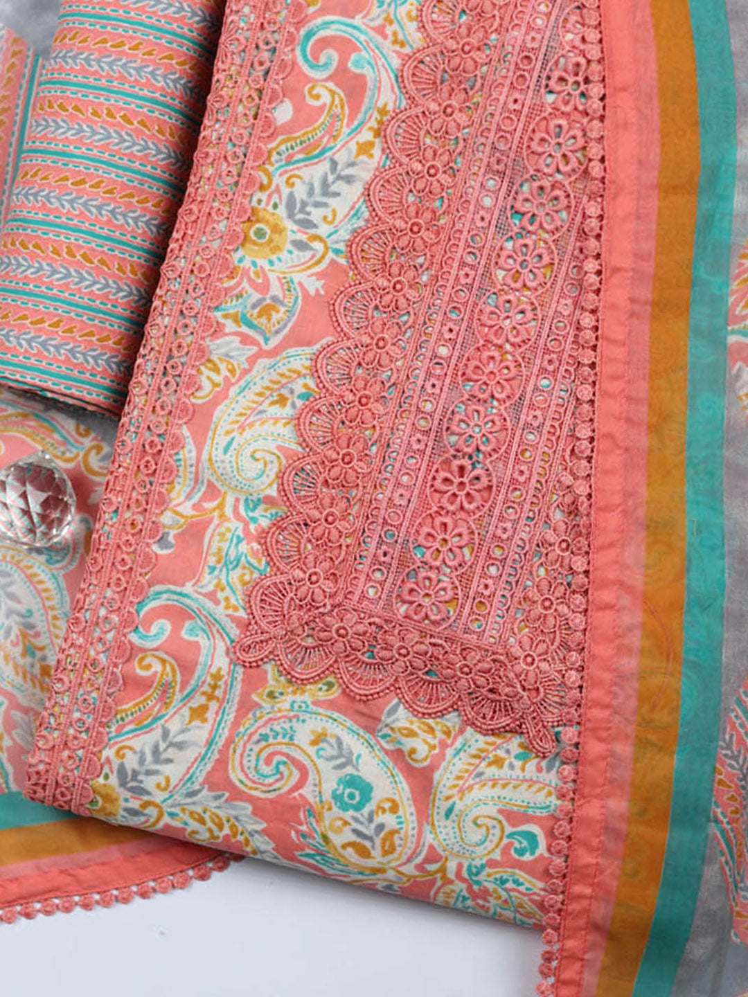 Embroidered Cotton Blend Unstitched Suit With Pant &amp; Dupatta
