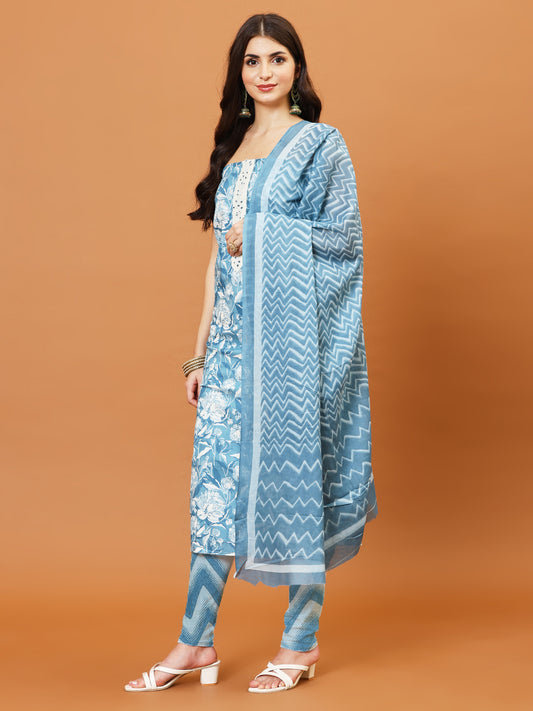 Neck Patti Cotton Blend Printed Unstitched Suit With Dupatta