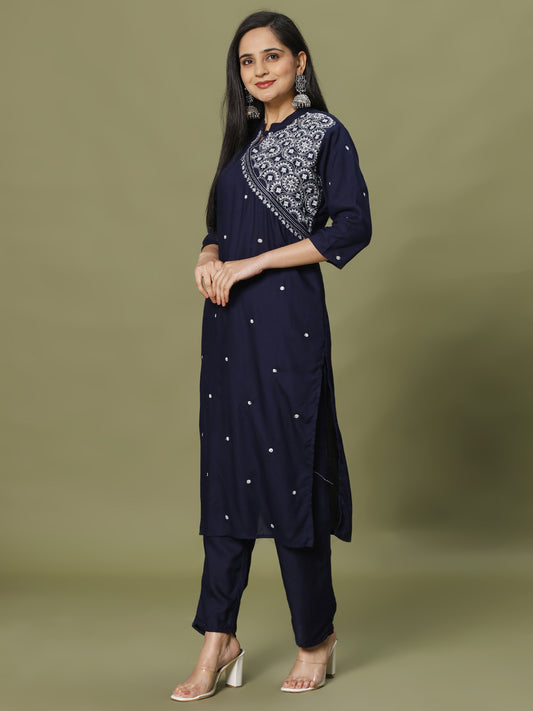 Resham Embroidery Cotton Blend Kurti With Pants