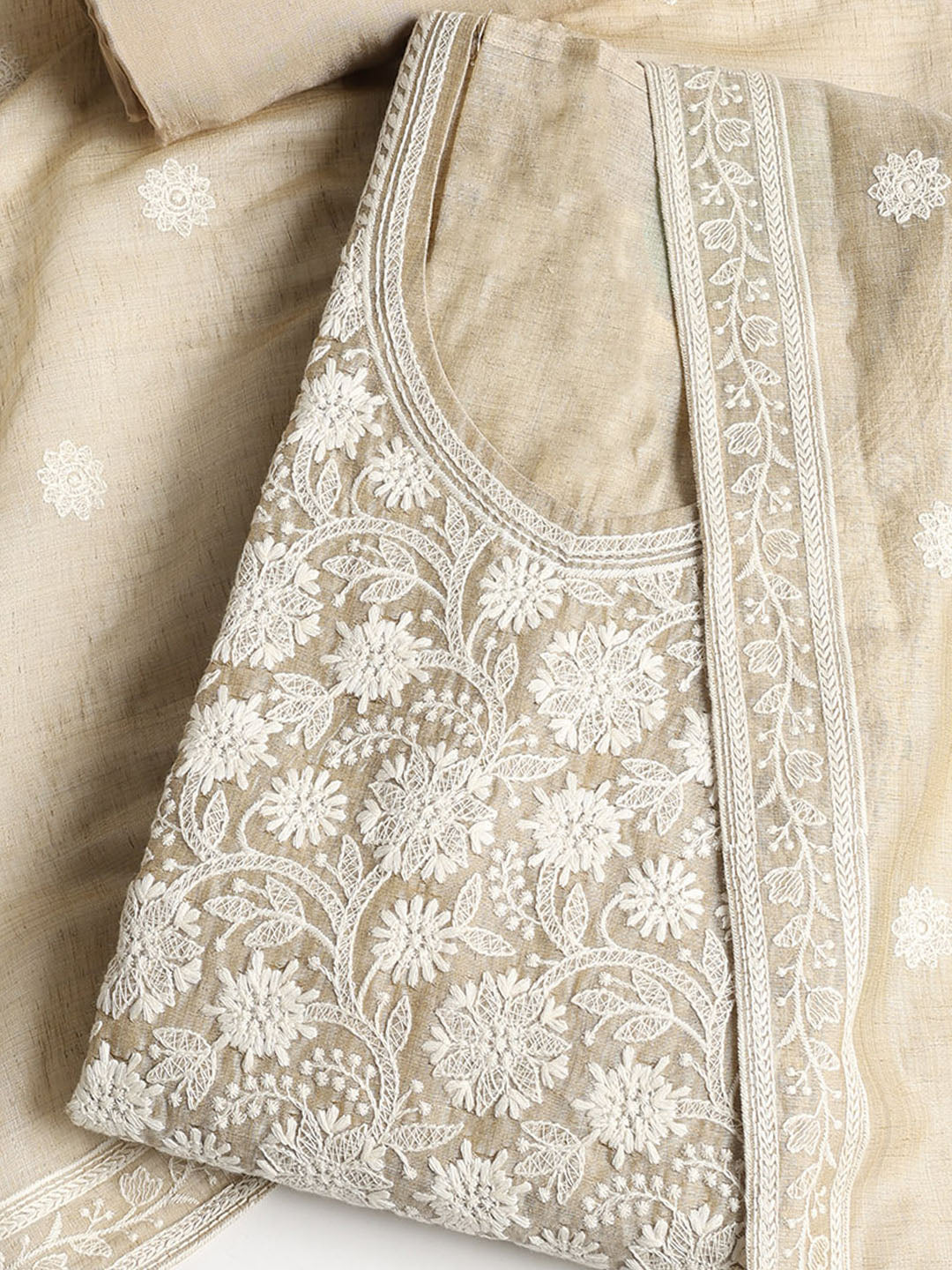 Neck Embroidered Chanderi Unstitched Suit With Dupatta
