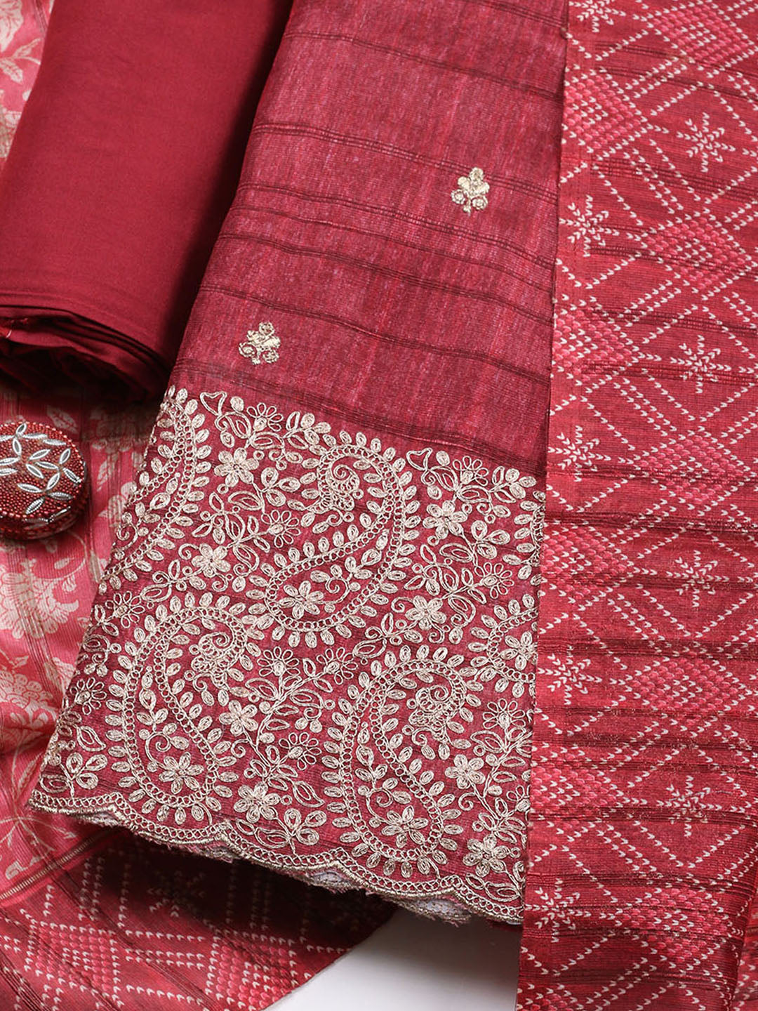 Embroidered Tussar Unstitched Suit With Pant &amp; Dupatta