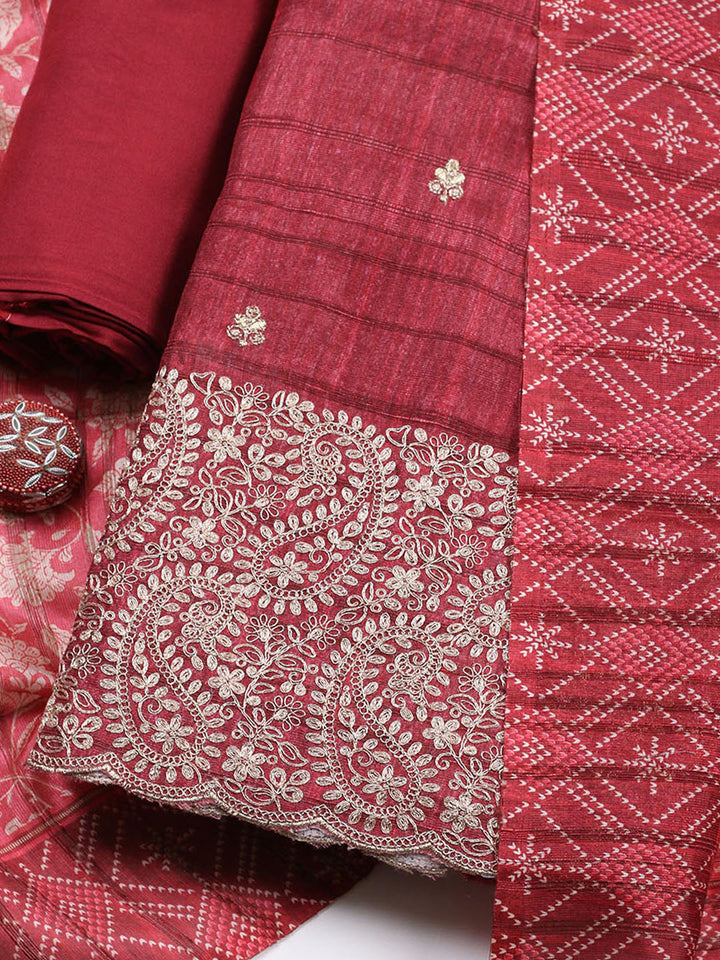 Embroidered Tussar Unstitched Suit With Pant &amp; Dupatta