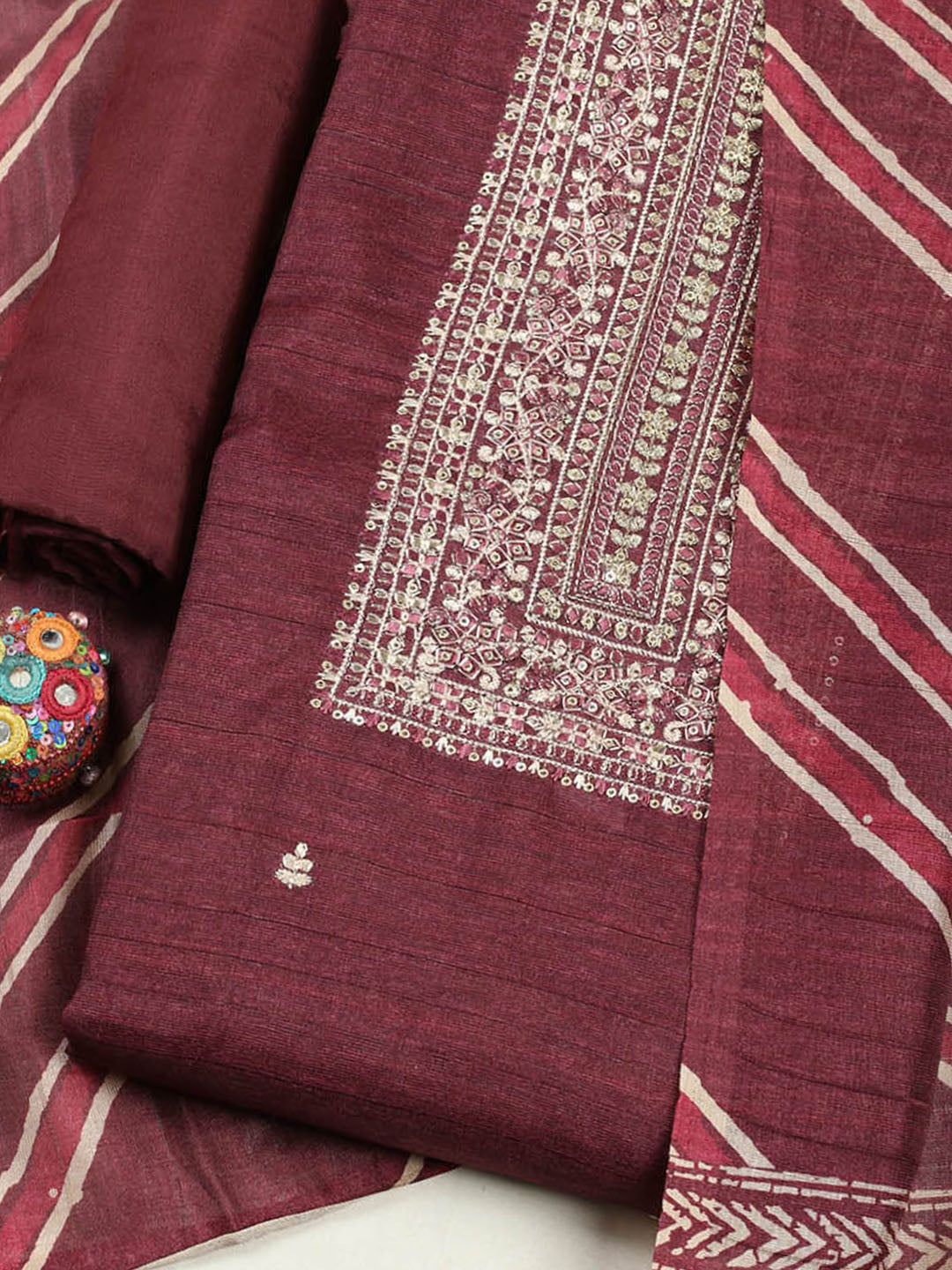 Embroidered Chanderi Unstitched Suit With Pant &amp; Dupatta
