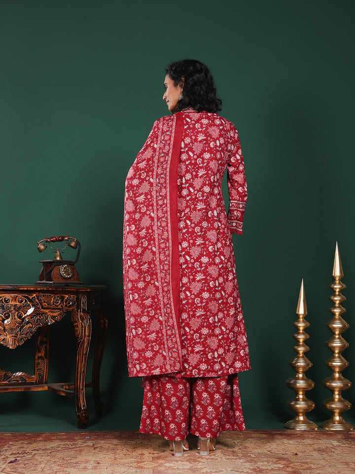 Maroon Cotton Blend Printed Straight Suit Set