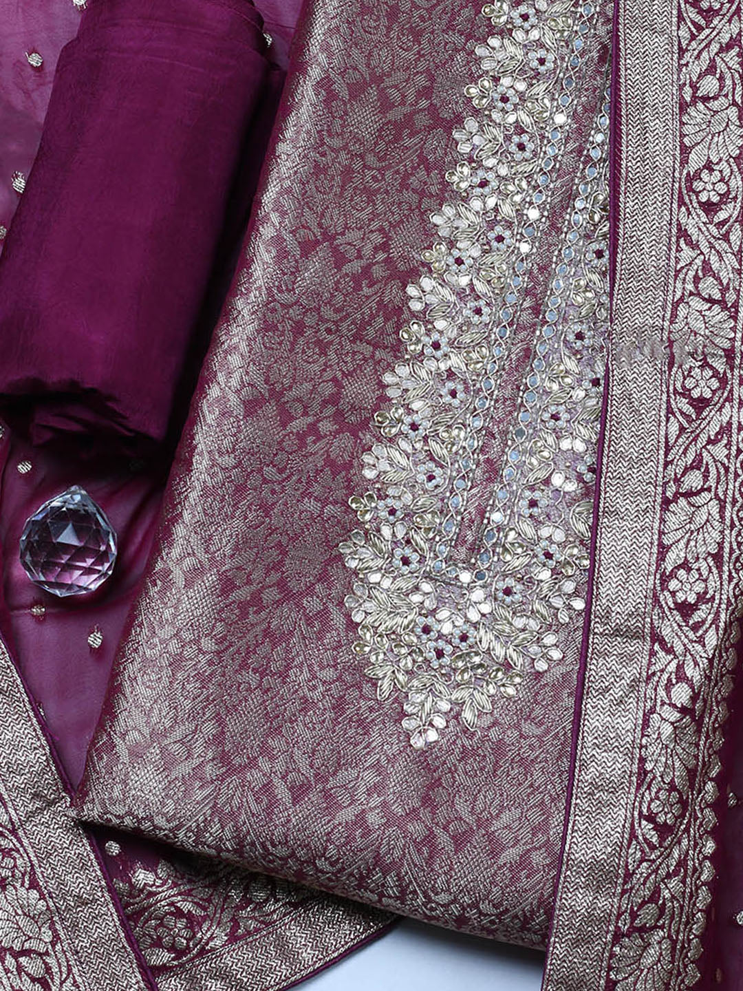 Embroidered Chanderi Unstitched Suit With Pant &amp; Dupatta