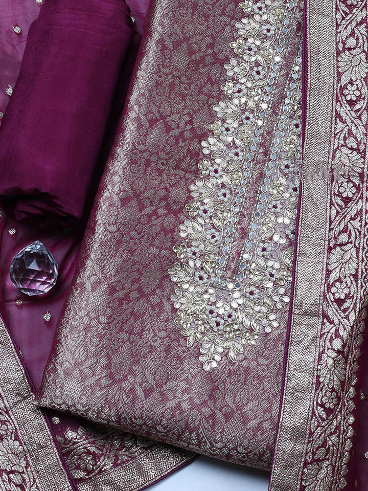 Embroidered Chanderi Unstitched Suit With Pant &amp; Dupatta