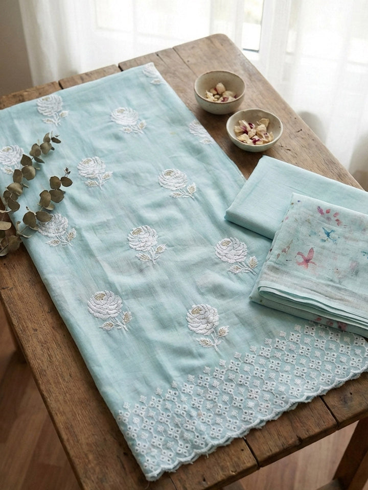 Embroidered Cotton Blend Unstitched Suit With Pant &amp; Dupatta