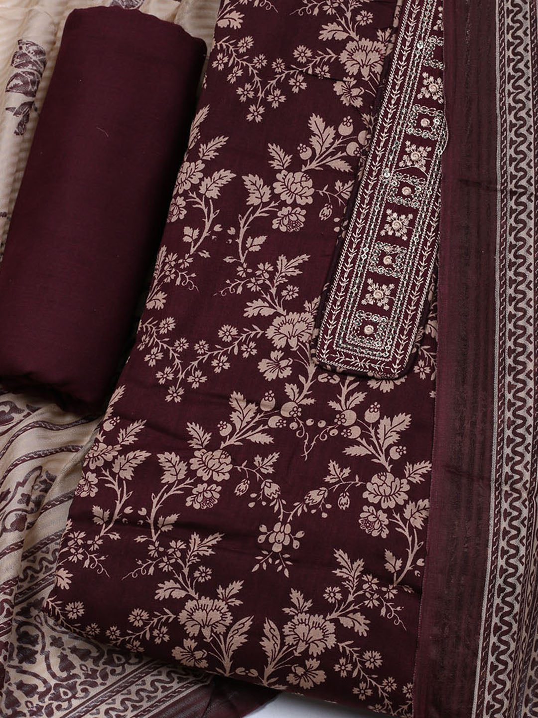 Printed Cotton Blend Unstitched Suit With Dupatta