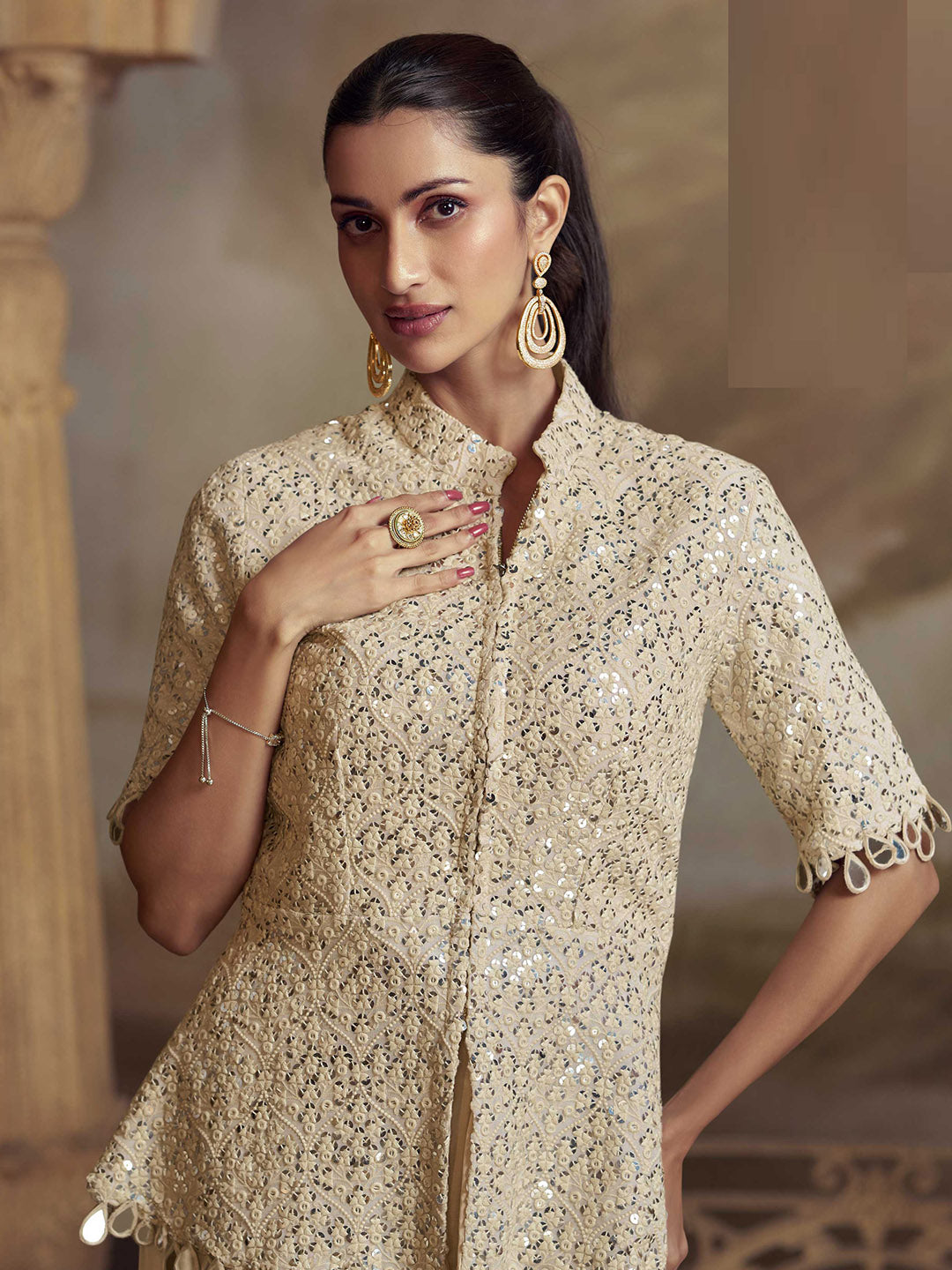 Beige Art Silk Embroidered Kurta with Palazzo Set