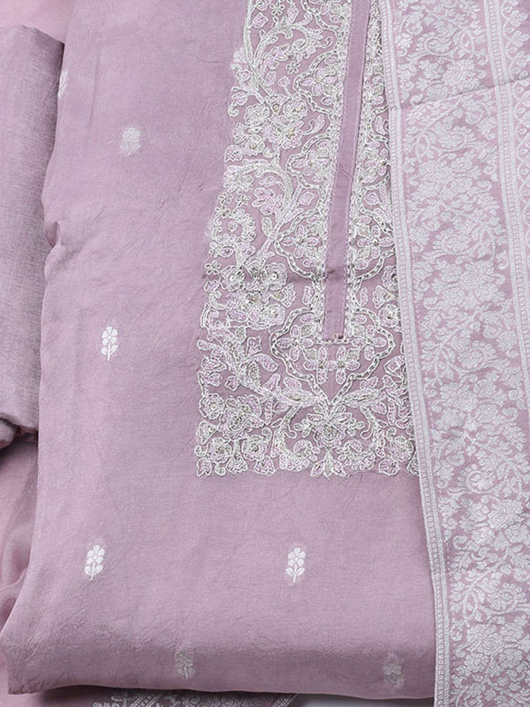 Embroidered Art Silk Unstitched Suit With Dupatta
