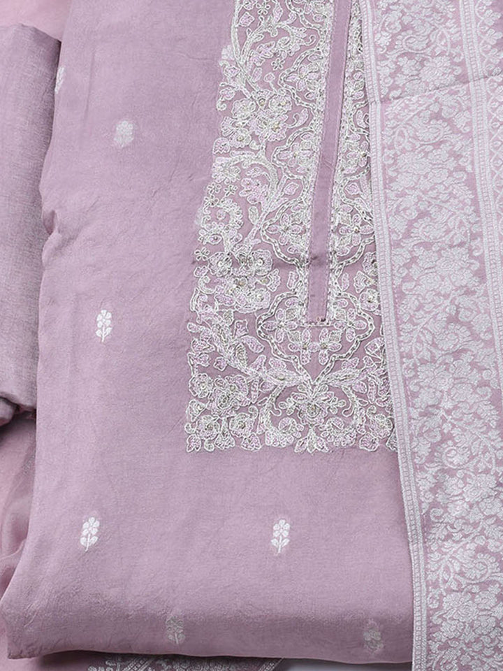 Embroidered Art Silk Unstitched Suit With Dupatta