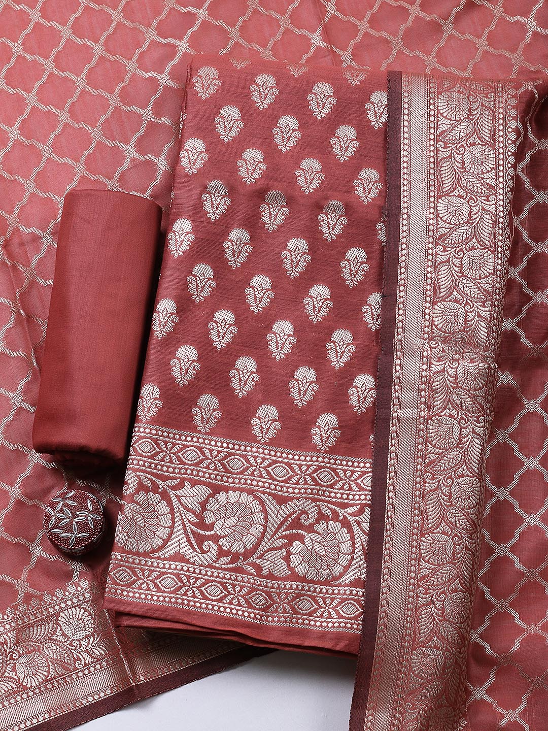 Banarasi Chanderi Unstitched Suit With Pant &amp; Dupatta