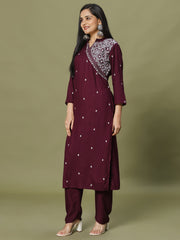 Resham Embroidery Cotton Blend Kurta With Pants