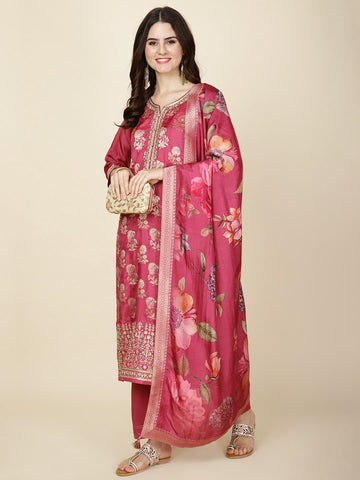 Zari Booti Woven Kurta With Pants & Dupatta