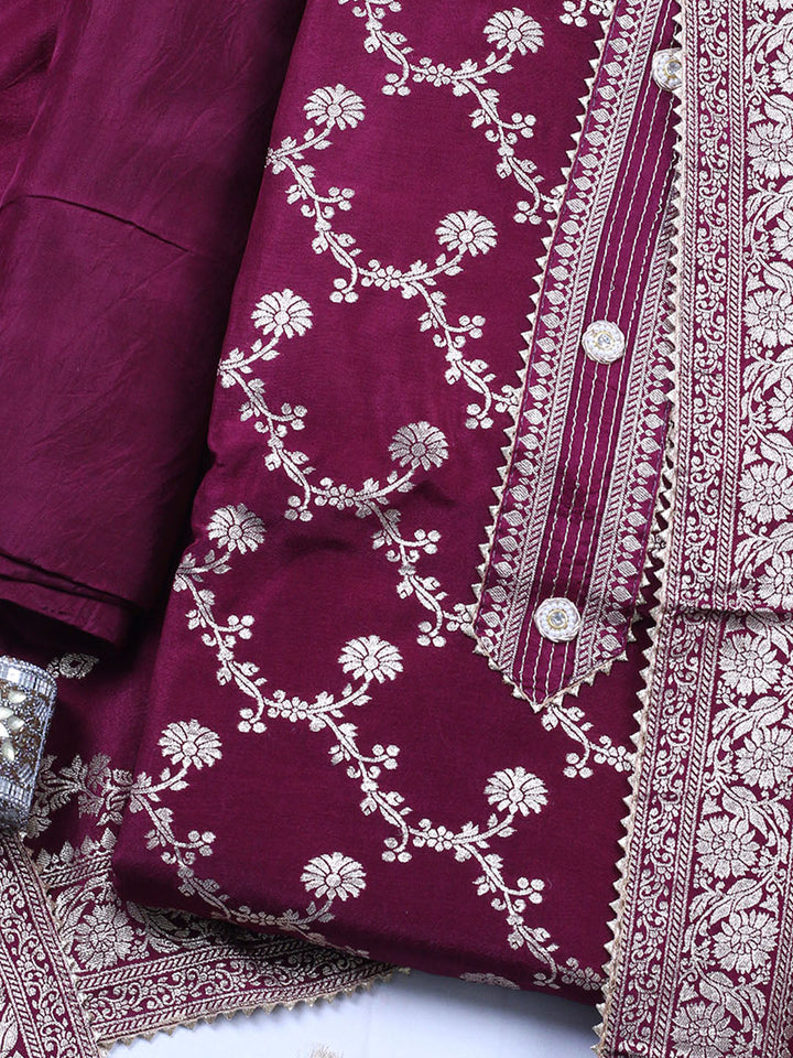 Embroidered Chanderi Unstitched Suit With Pant &amp; Dupatta