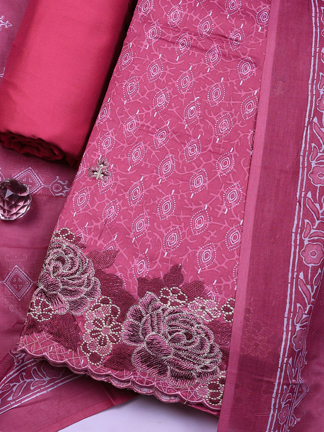 Printed Cotton Blend Unstitched Suit With Pant &amp; Dupatta
