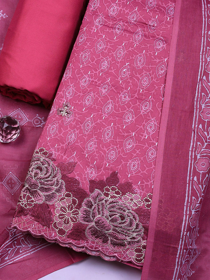 Printed Cotton Blend Unstitched Suit With Pant &amp; Dupatta