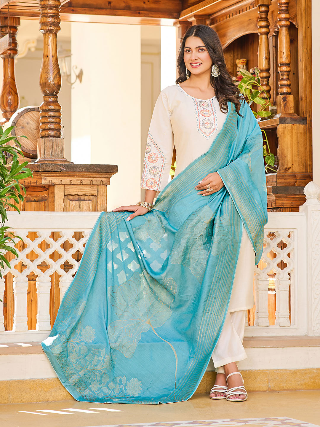 Neck Embroidery Cotton Blend Kurta With Pants &amp; Dupatta