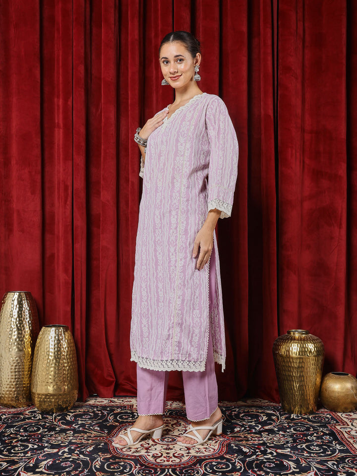 Floral Printed Cotton Blend Kurta With Pants