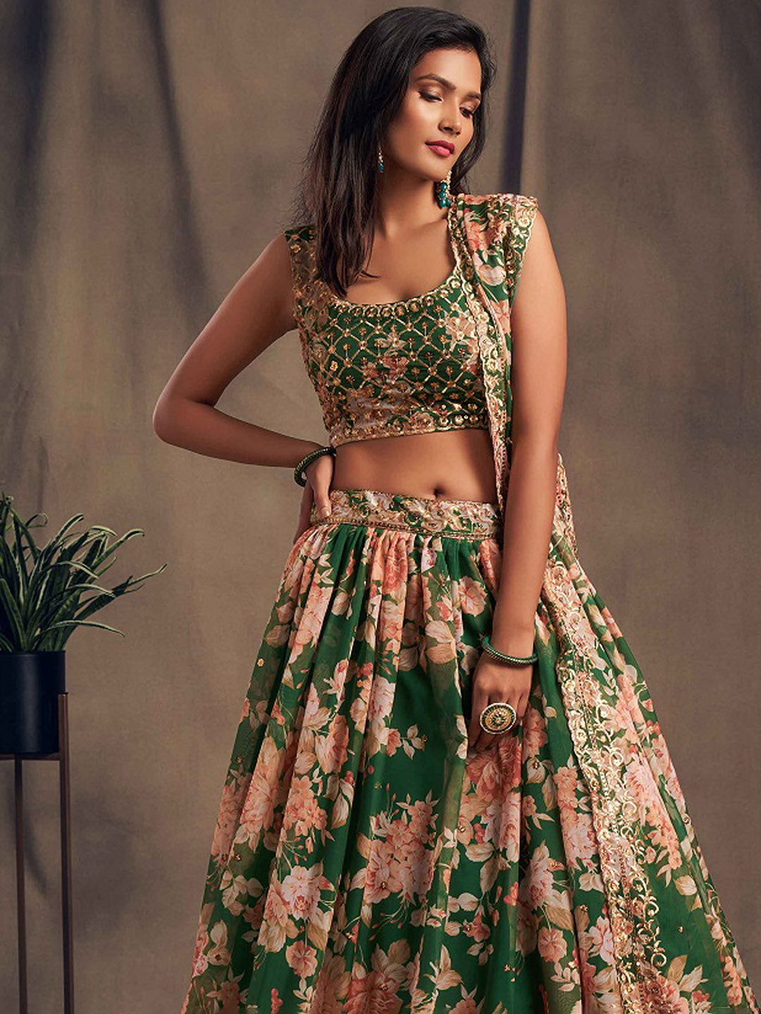 Printed Organza Unstitched Choli With Lehenga &amp; Dupatta