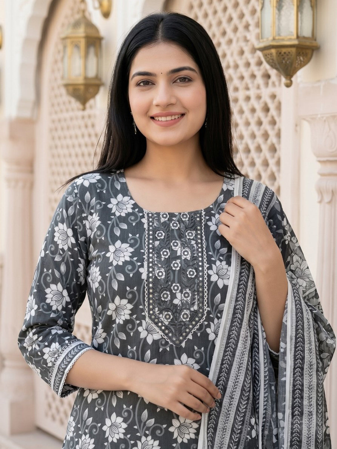Grey Printed Cotton Blend Straight V Neck Suit Set