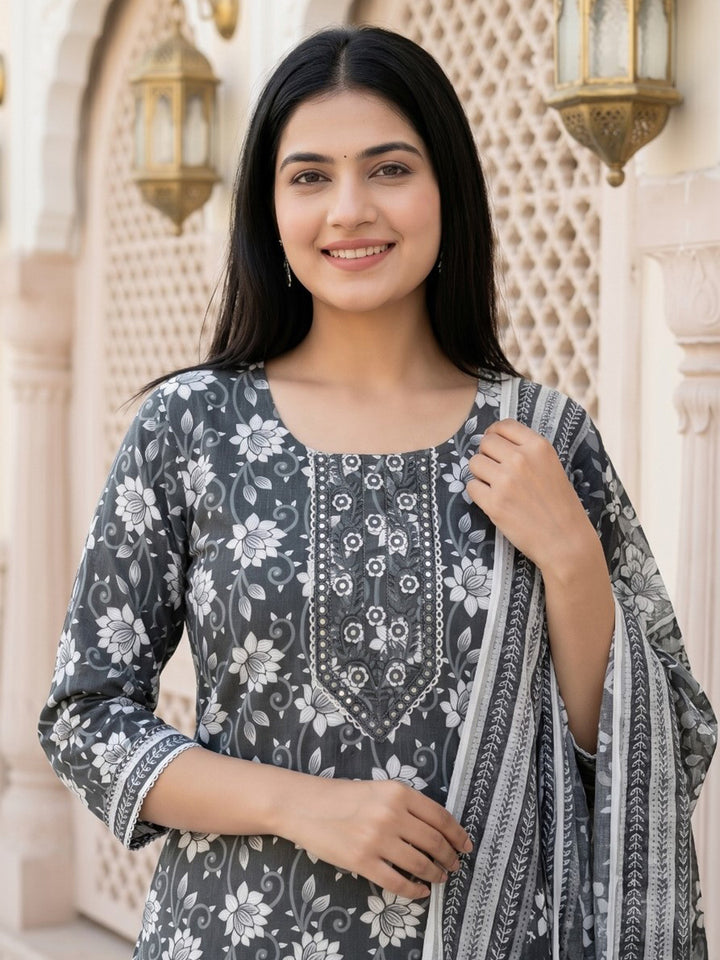 Grey Printed Cotton Blend Straight V Neck Suit Set