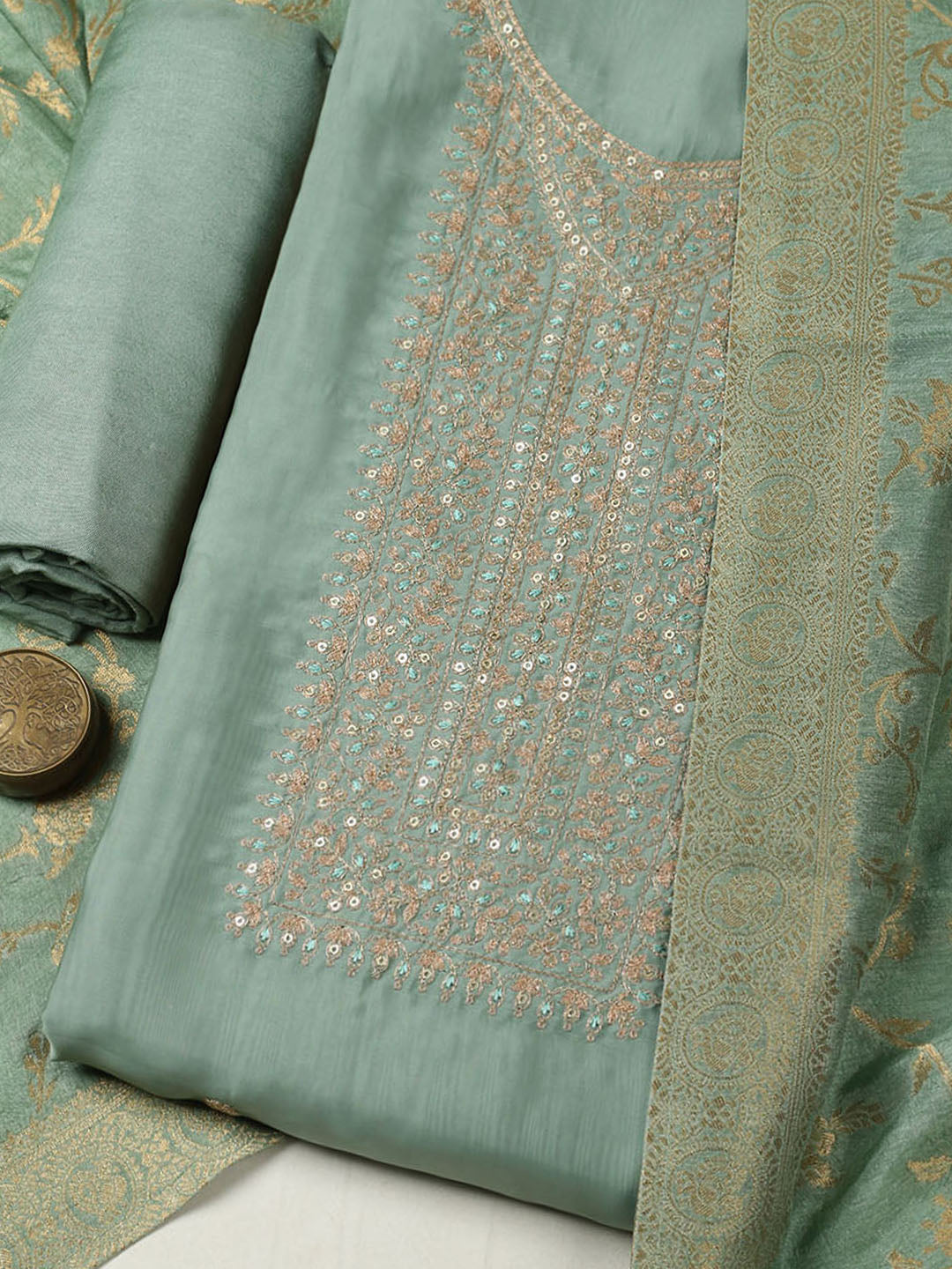 Embroidered Chanderi Unstitched Suit With Pant &amp; Dupatta