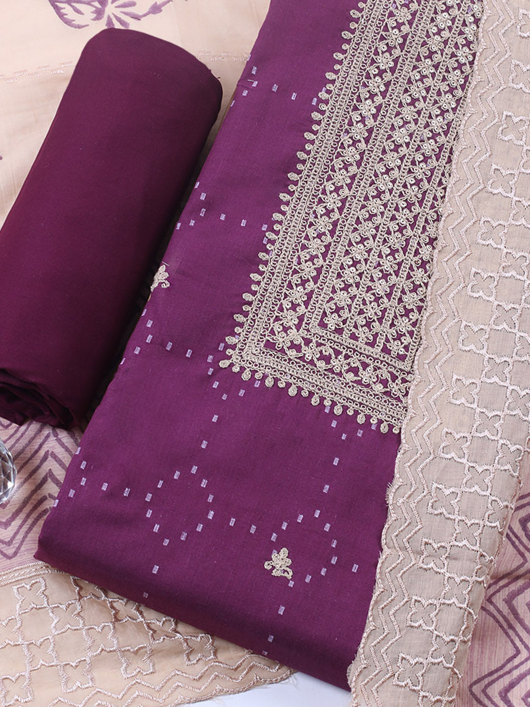 Embroidered Cotton Blend Unstitched Suit With Pant &amp; Dupatta