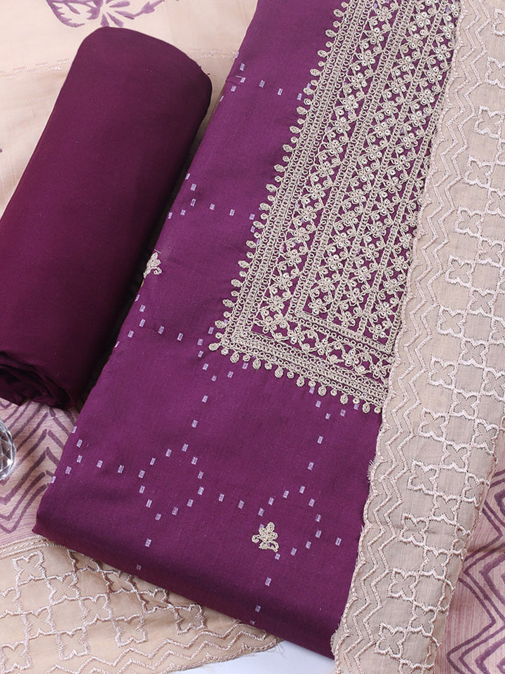 Embroidered Cotton Blend Unstitched Suit With Pant &amp; Dupatta