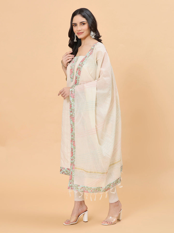 Neck Patti Cotton Blend Unstitched Suit Piece With Dupatta