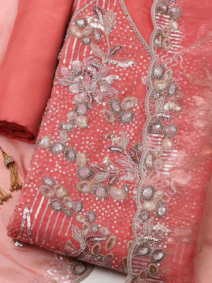 Embroidered Organza Unstitched Suit With Pant &amp; Dupatta