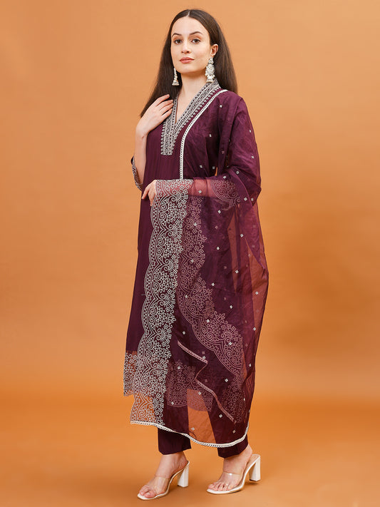 Neck Embroidery Cotton Blend Kurta With Pants & Dupatta