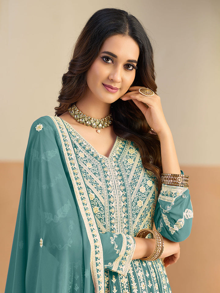 Embroidered Geogrette Semi Stitched Gown With Pant &amp; Dupatta