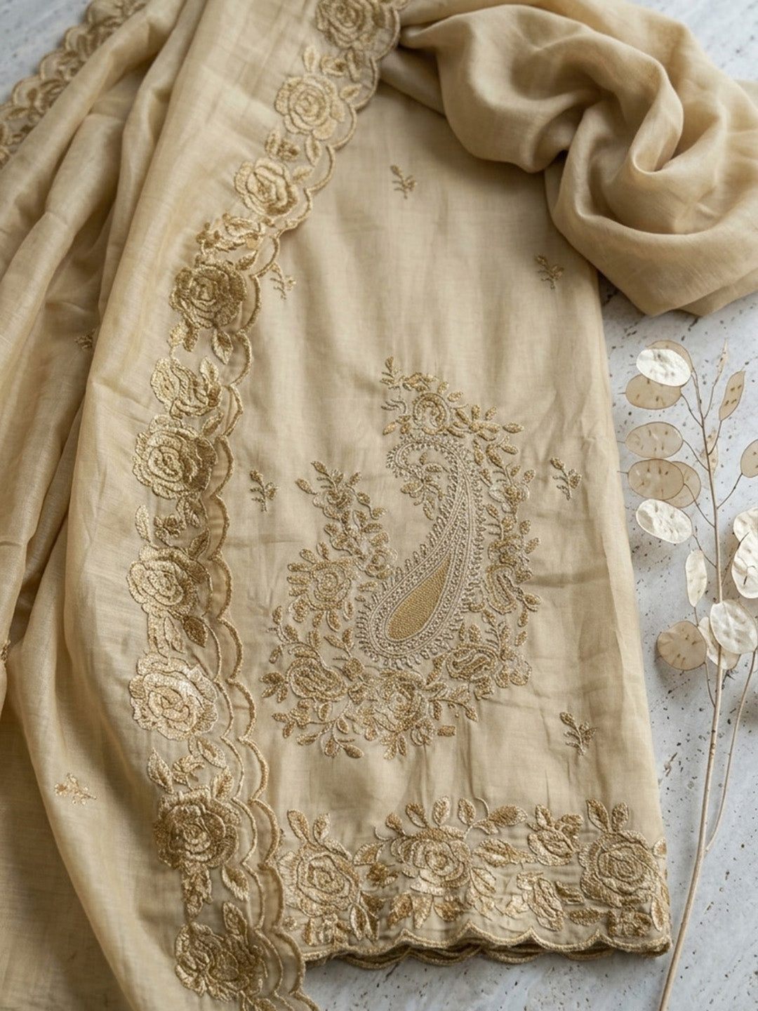 Embroidered Chanderi Unstitched Suit With Pant &amp; Dupatta