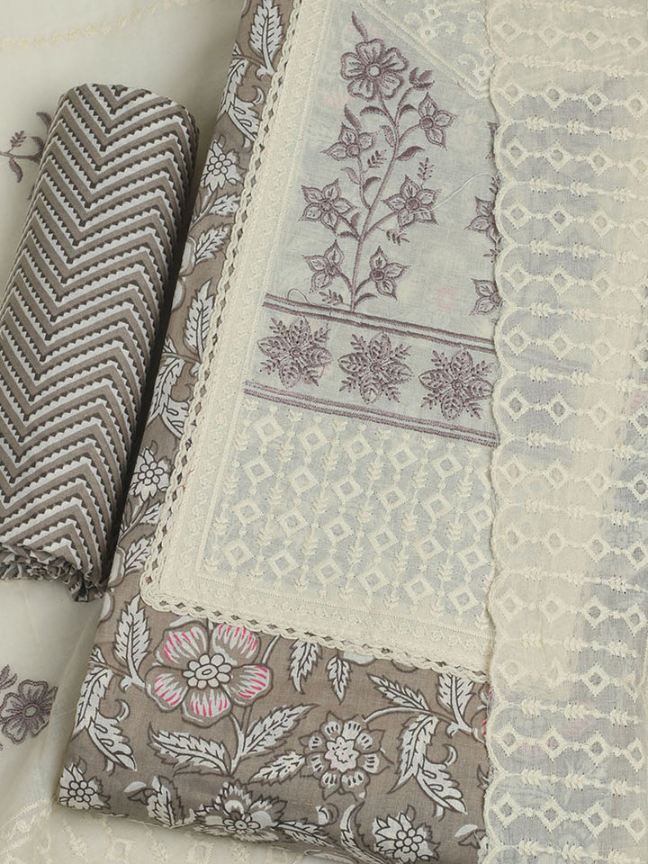 Printed Cotton Unstitched Suit With Pant &amp; Dupatta