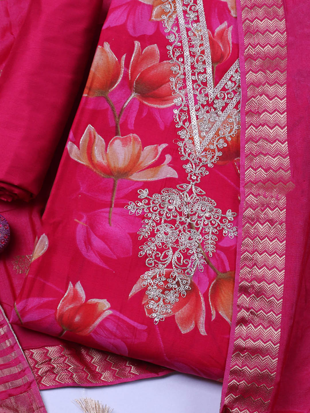 Embroidered Cotton Blend Unstitched Suit With Pant &amp; Dupatta