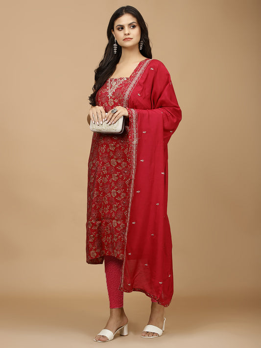 Neck Embroidery & Printed Cotton Unstitched Suit With Dupatta