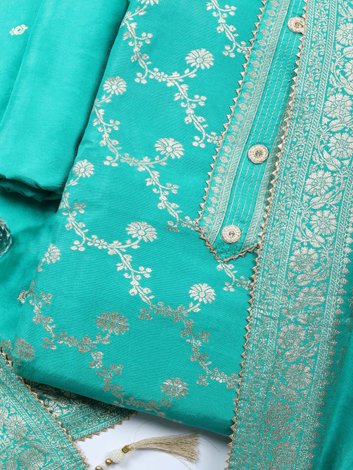 Embroidered Chanderi Unstitched Suit With Pant &amp; Dupatta
